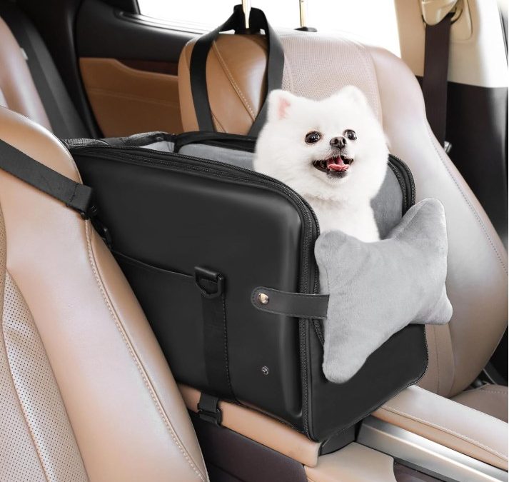 PetsHome Asiento de automóvil para perros pequeños, asiento elevador de perro de piel sintética de alta calidad, asiento portátil para mascotas con cinturones de seguridad de doble fijación y bolsillos