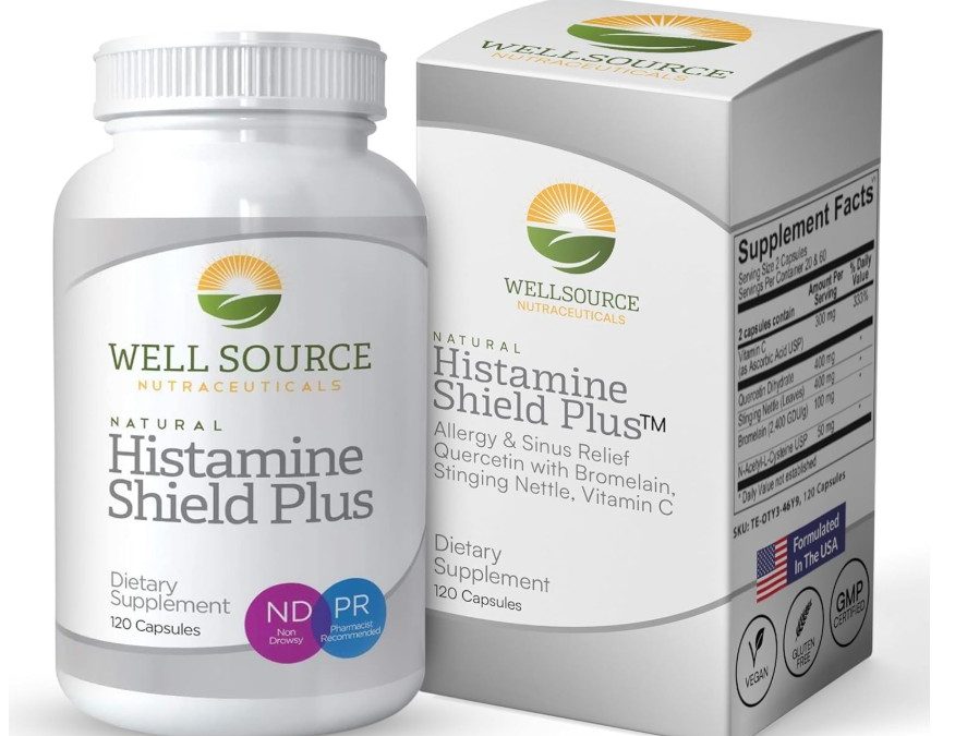 Histamine Shield Plus™ Suplemento antihistamínico natural para adultos, alivio sinusal y de alergias para polen, caspa de mascotas, polvo, moho y olores, quercetina con bromelina y ortiga picante, 120